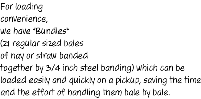 For loading convenience, we have “Bundles” (21 regular sized bales of hay or straw banded together by 3/4 inch steel banding) which can be  loaded easily and quickly on a pickup, saving the time and the effort of handling them bale by bale.