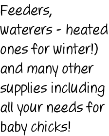 Feeders,  waterers - heated ones for winter!) and many other  supplies including  all your needs for baby chicks!